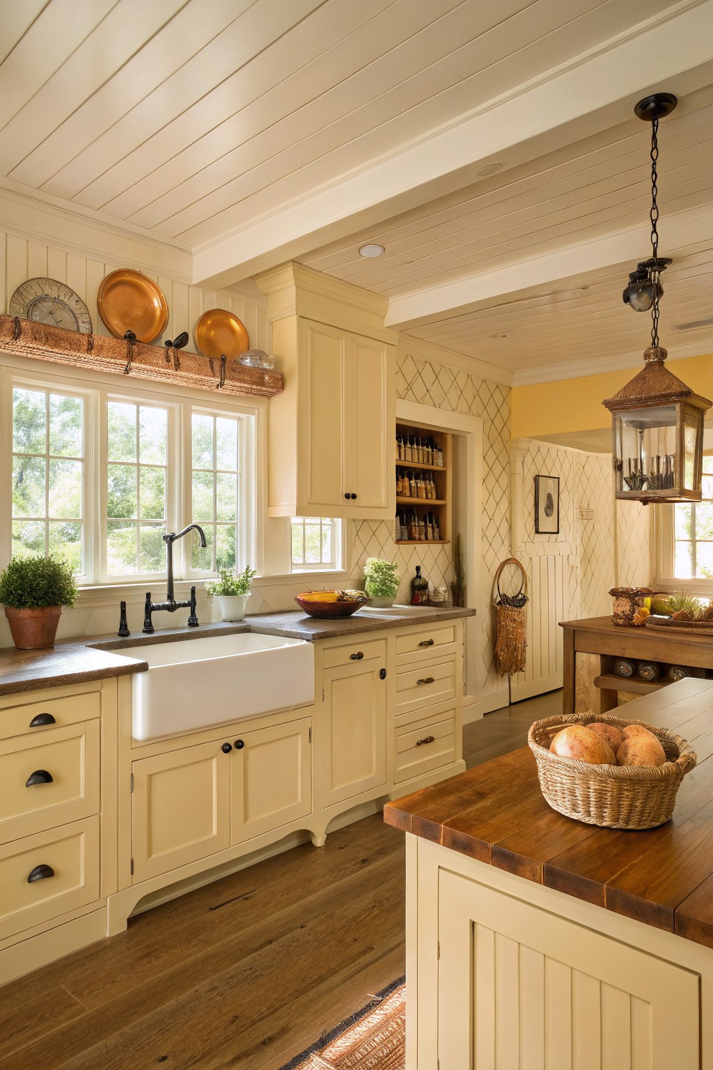 A kitchen with soft pale yellow cabinets and walls around a white farmhouse sink.