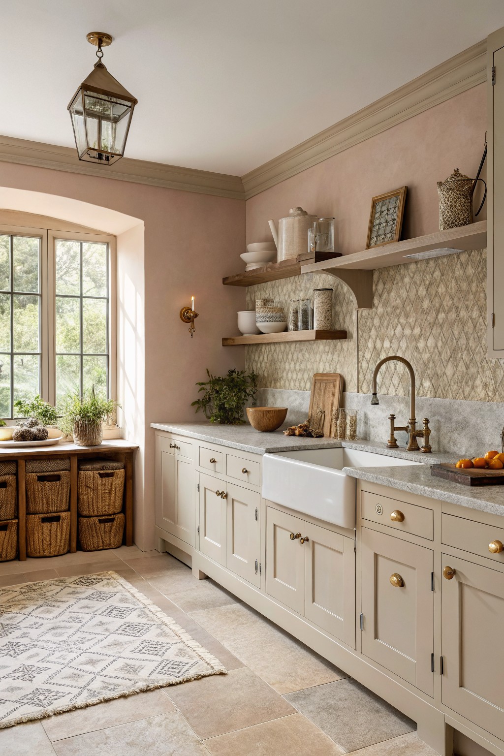 Soft blush walls in a kitchen with cream cabinets and open wood shelves.