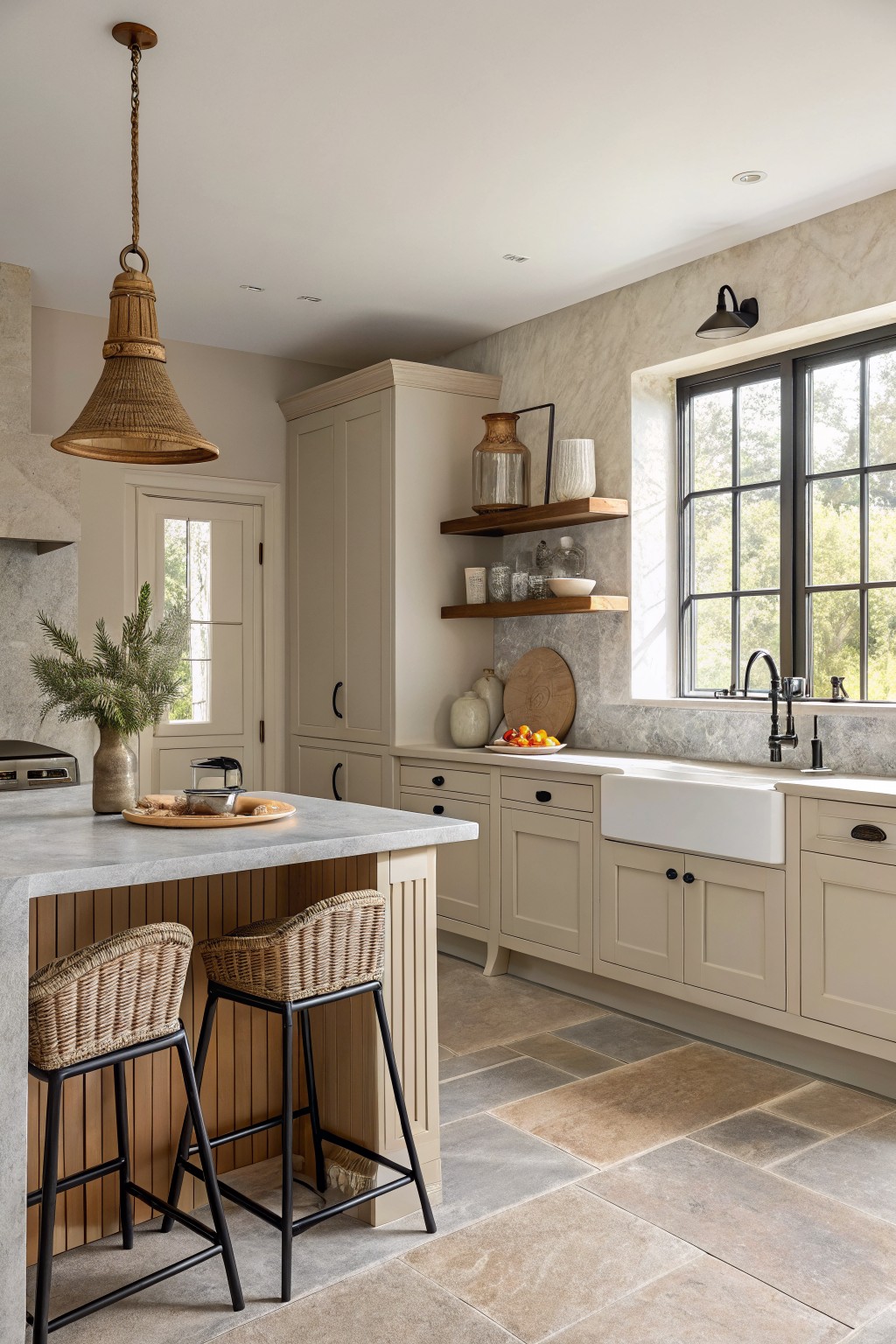 Warm greige walls and cabinets in a kitchen with wood accents.