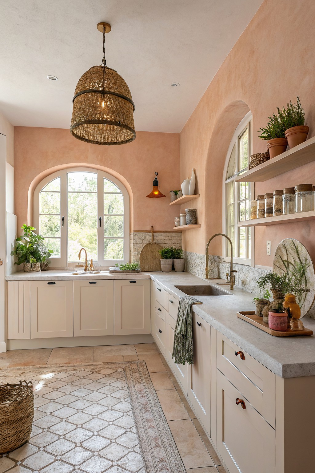 Kitchen with soft peach walls and cream cabinets.