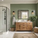 A bathroom featuring sage green walls with a wooden vanity and white tile accents.