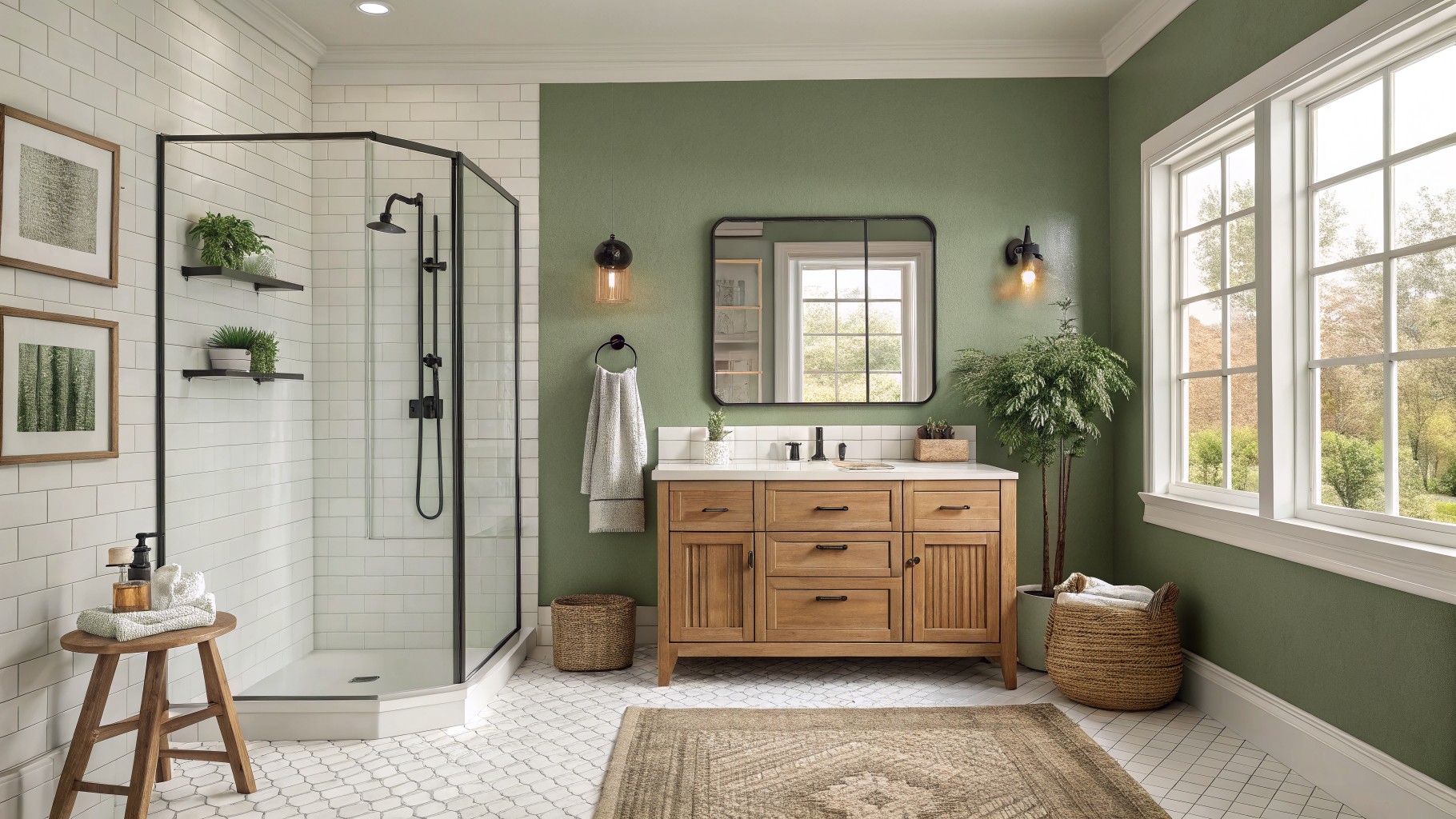 A bathroom featuring sage green walls with a wooden vanity and white tile accents.