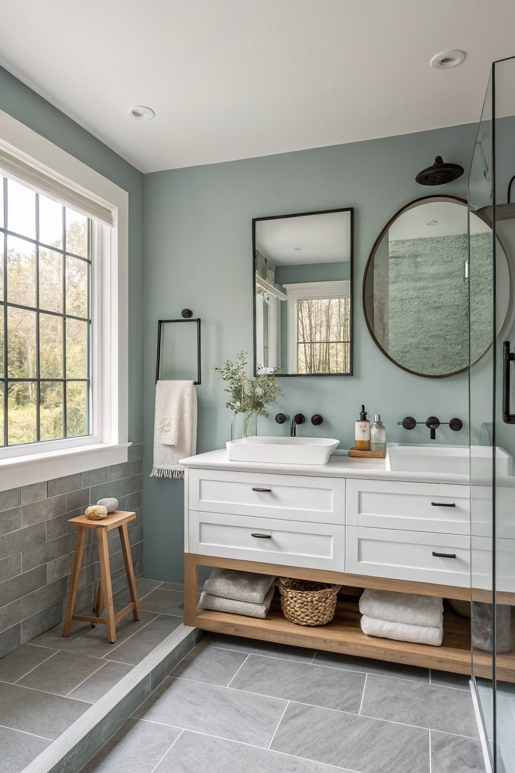 Modern bathroom with white double vanity, sage green walls, and wood accents.