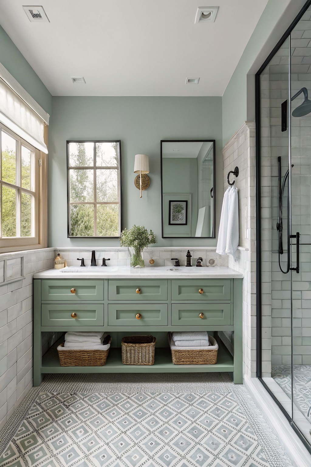 Sage green walls and vanity in a tiled bathroom.
