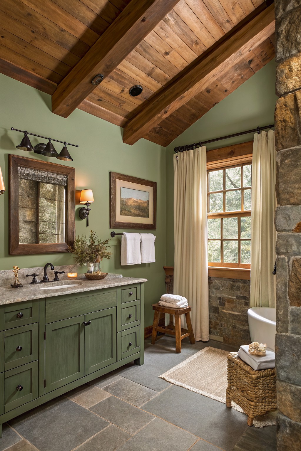 Sage green walls in a bathroom with wood ceiling beams and a vanity.