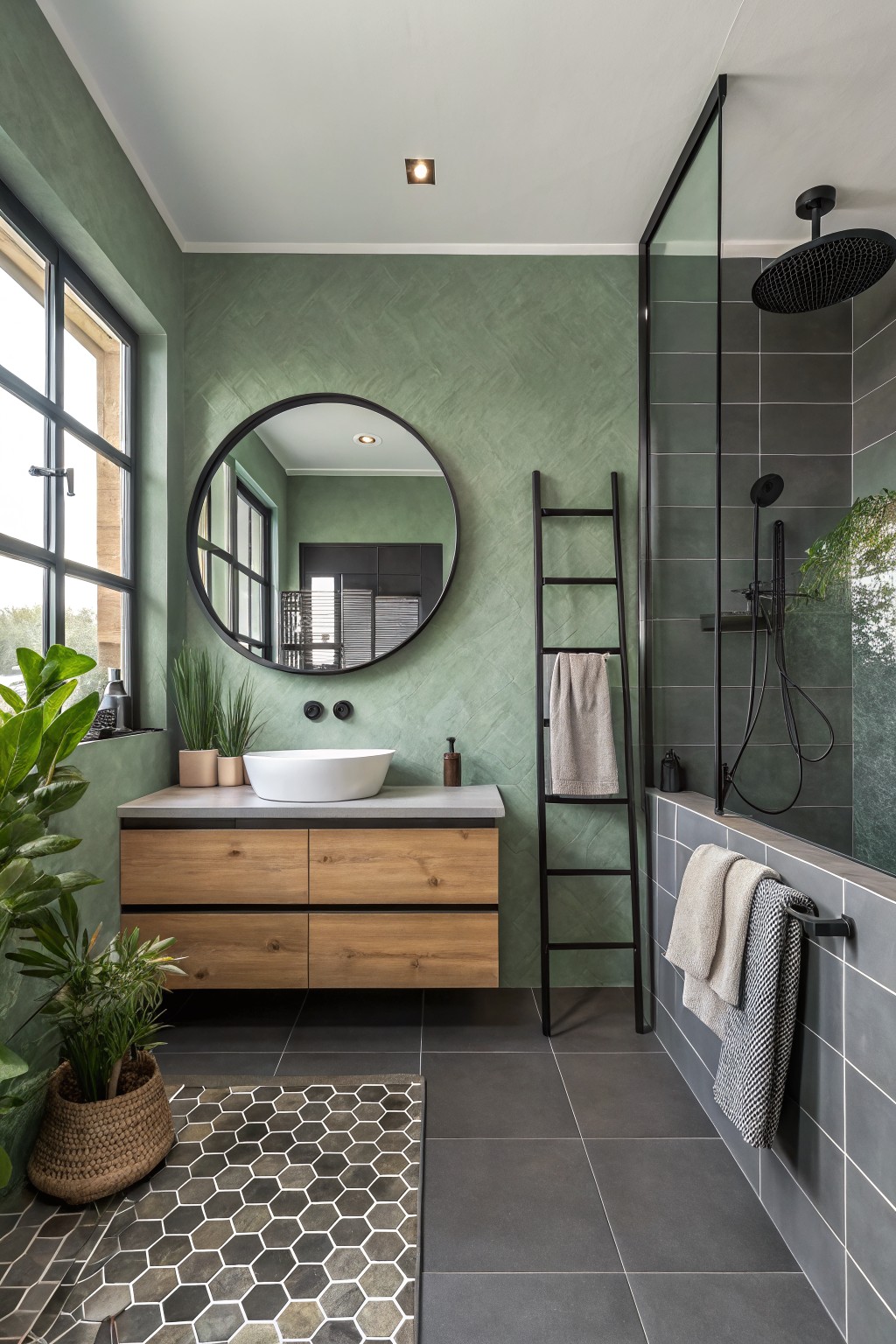 Sage green painted walls in a modern bathroom with wood vanity and dark tile.