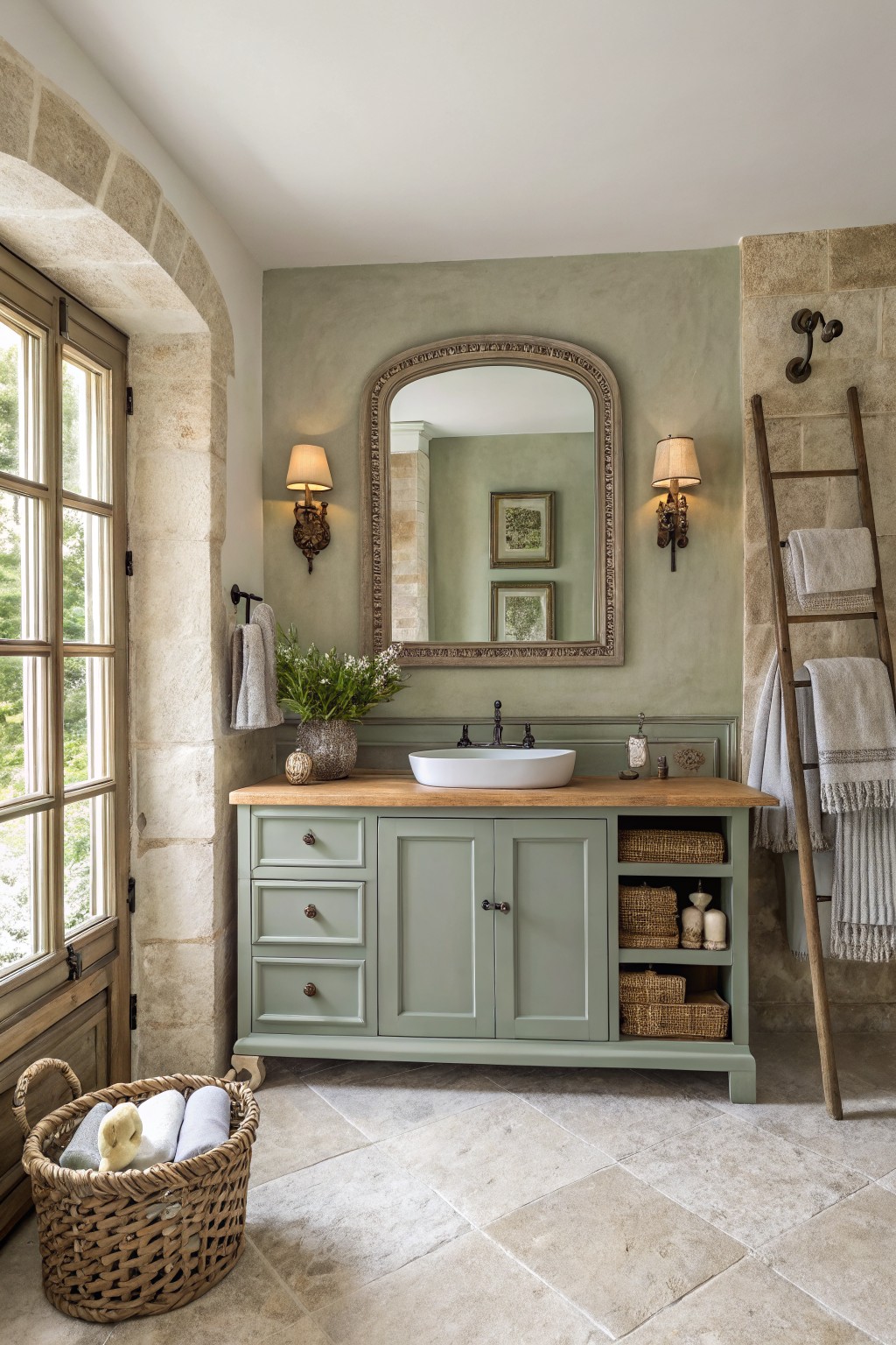 A bathroom featuring sage green painted walls and vanity.