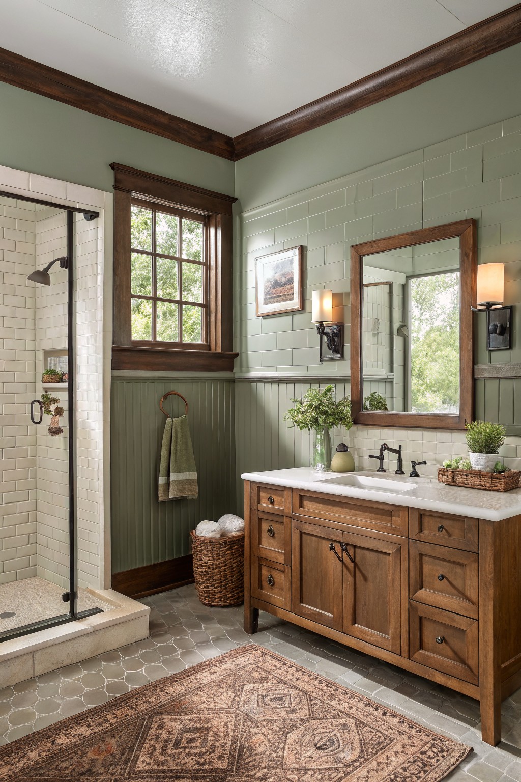 Bathroom walls painted in a soft sage green with a wooden vanity and white subway tile.