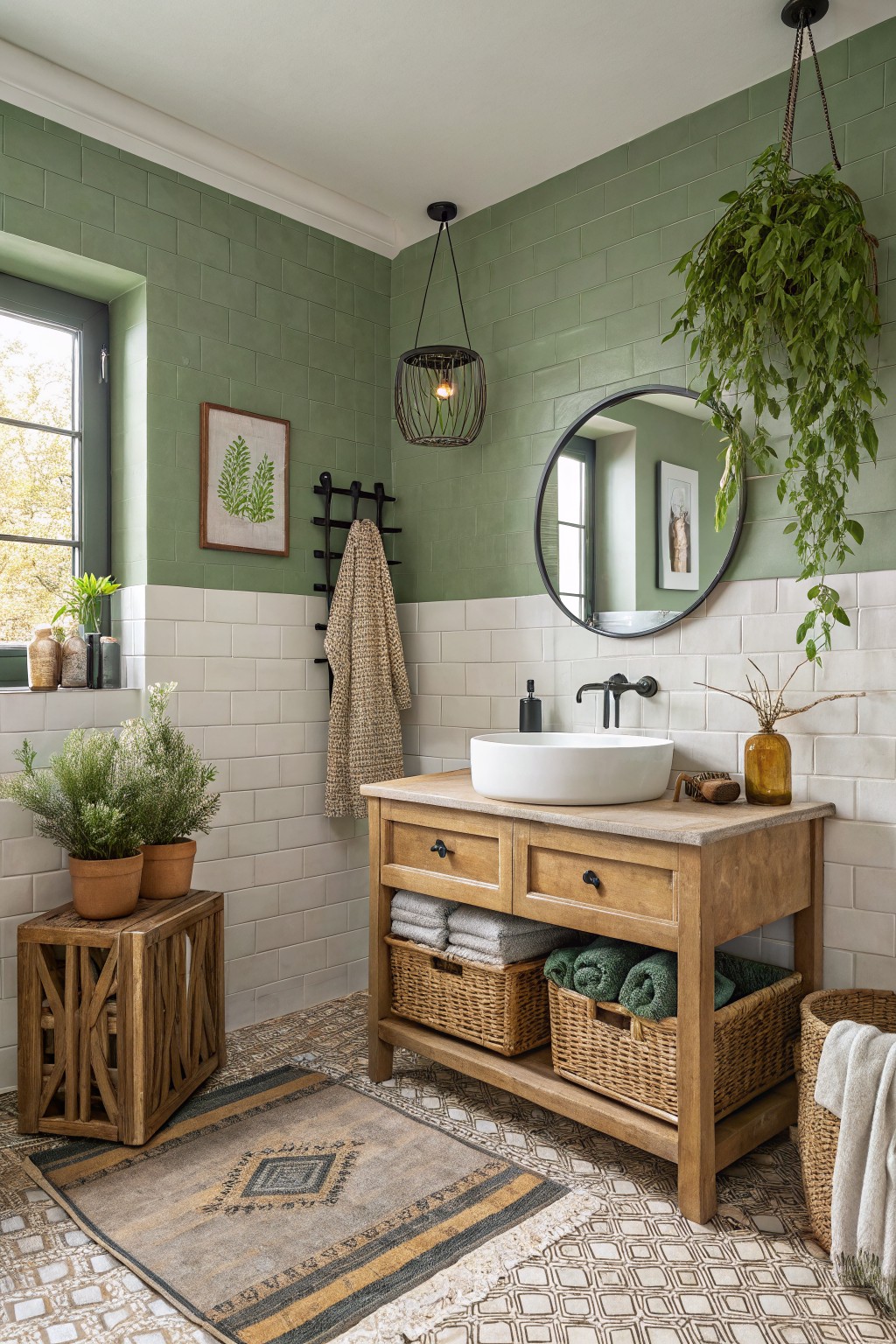Sage green tiled walls in a bathroom with white subway tile below and a wood vanity.