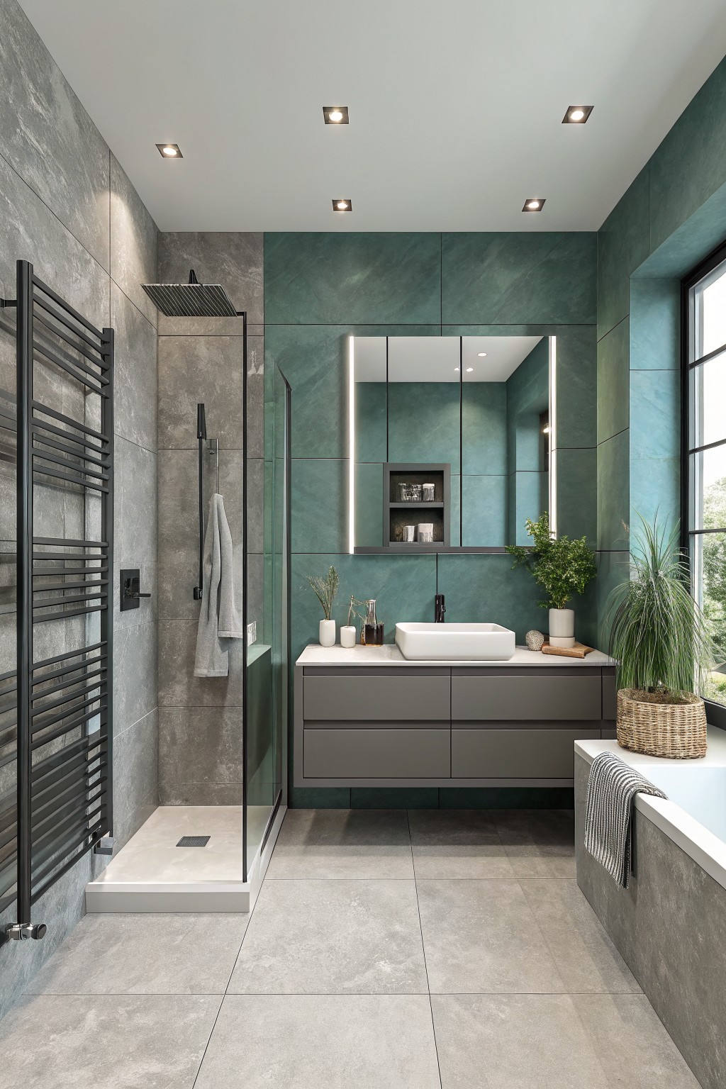 Bathroom walls painted in a deep sage green with gray vanity and tiles.
