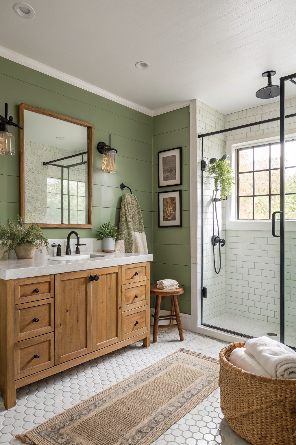 A bathroom featuring sage green walls with a wooden vanity and white tile accents.
