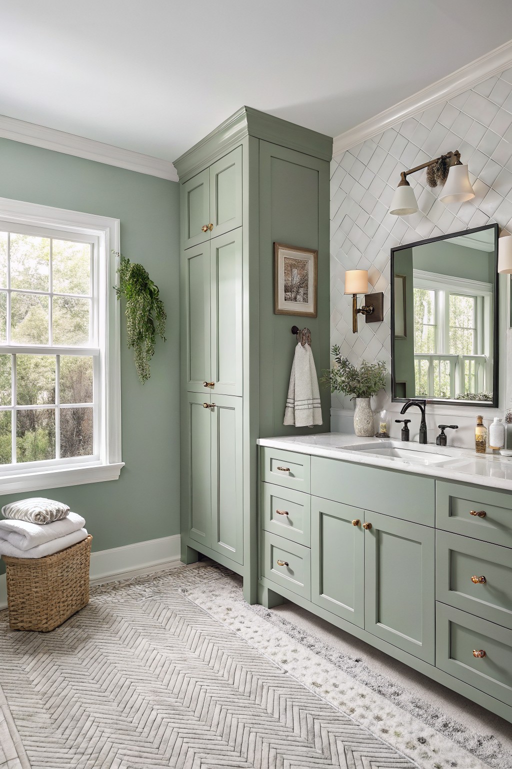 Bathroom with sage green walls and matching vanity cabinets.