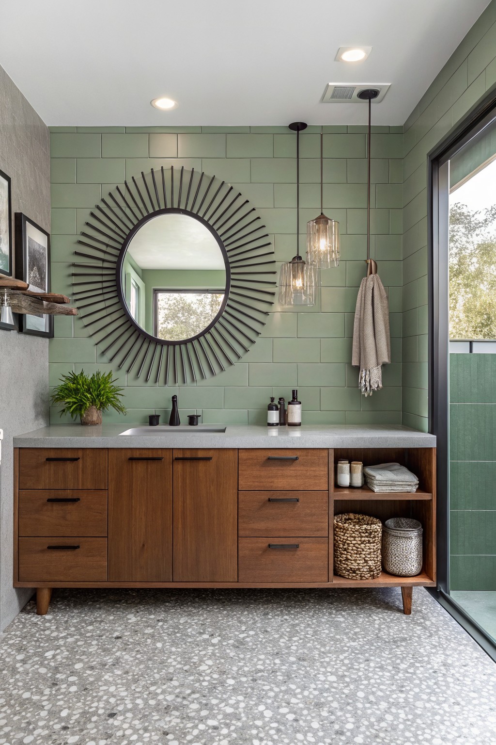 A bathroom with sage green tiled walls and a wooden vanity.