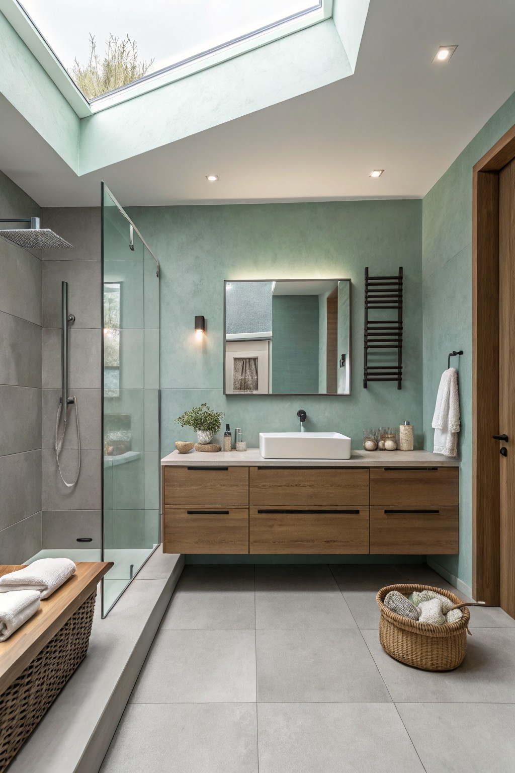 A bathroom with sage green walls and a floating wood vanity.