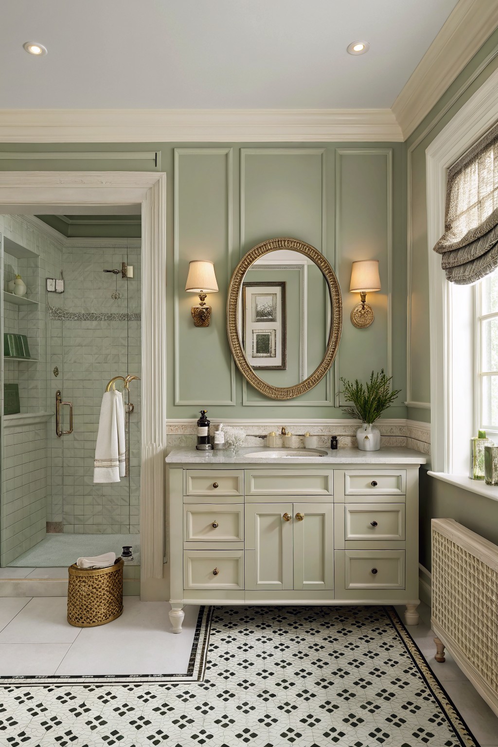 Bathroom walls painted in soft sage green with white trim and a matching vanity.