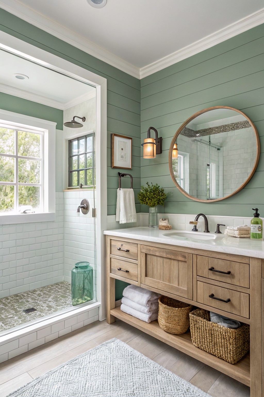 Modern bathroom with green shiplap walls, wooden vanity, round mirror, and tiled shower.