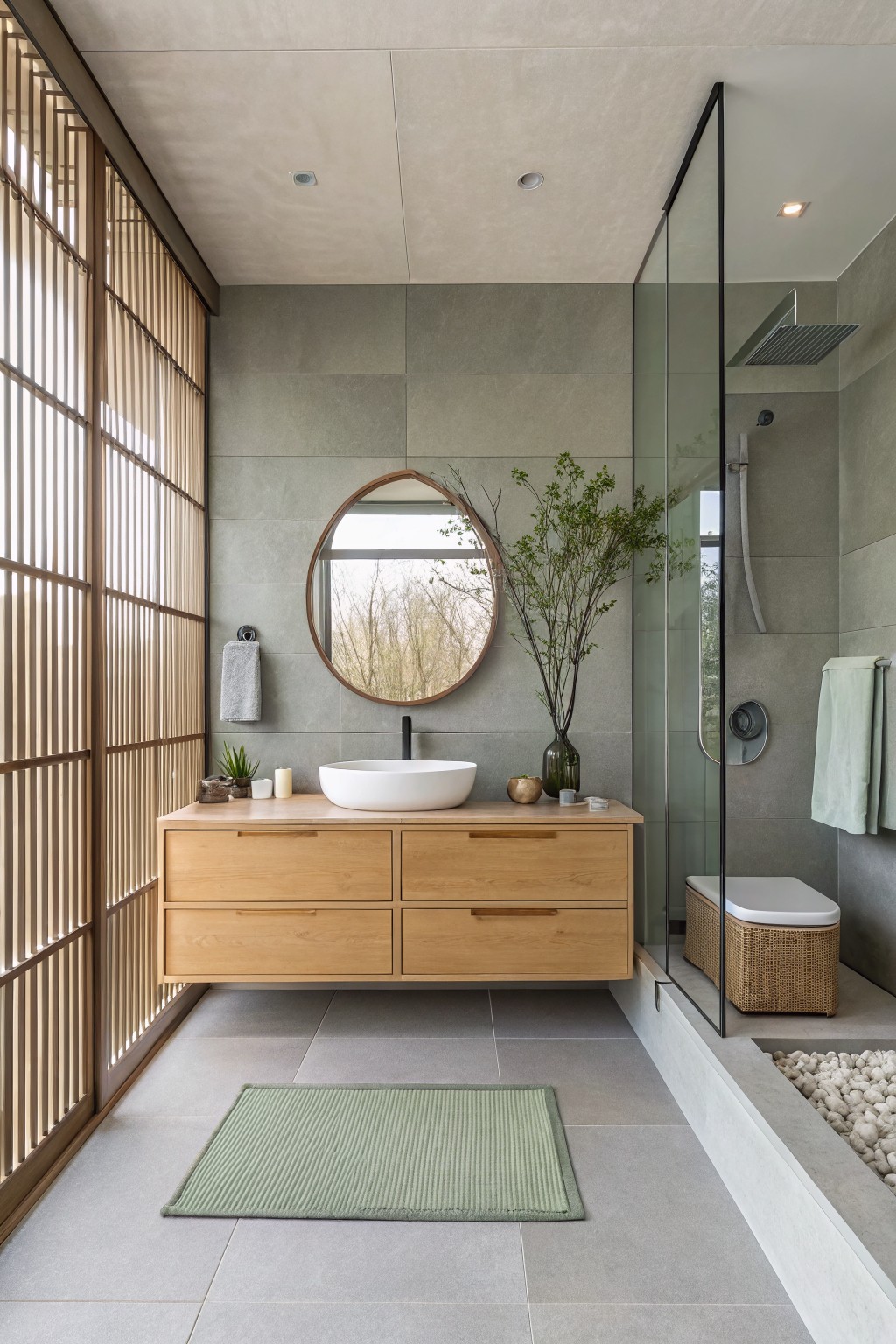Modern bathroom with floating wood vanity, round mirror, and glass shower