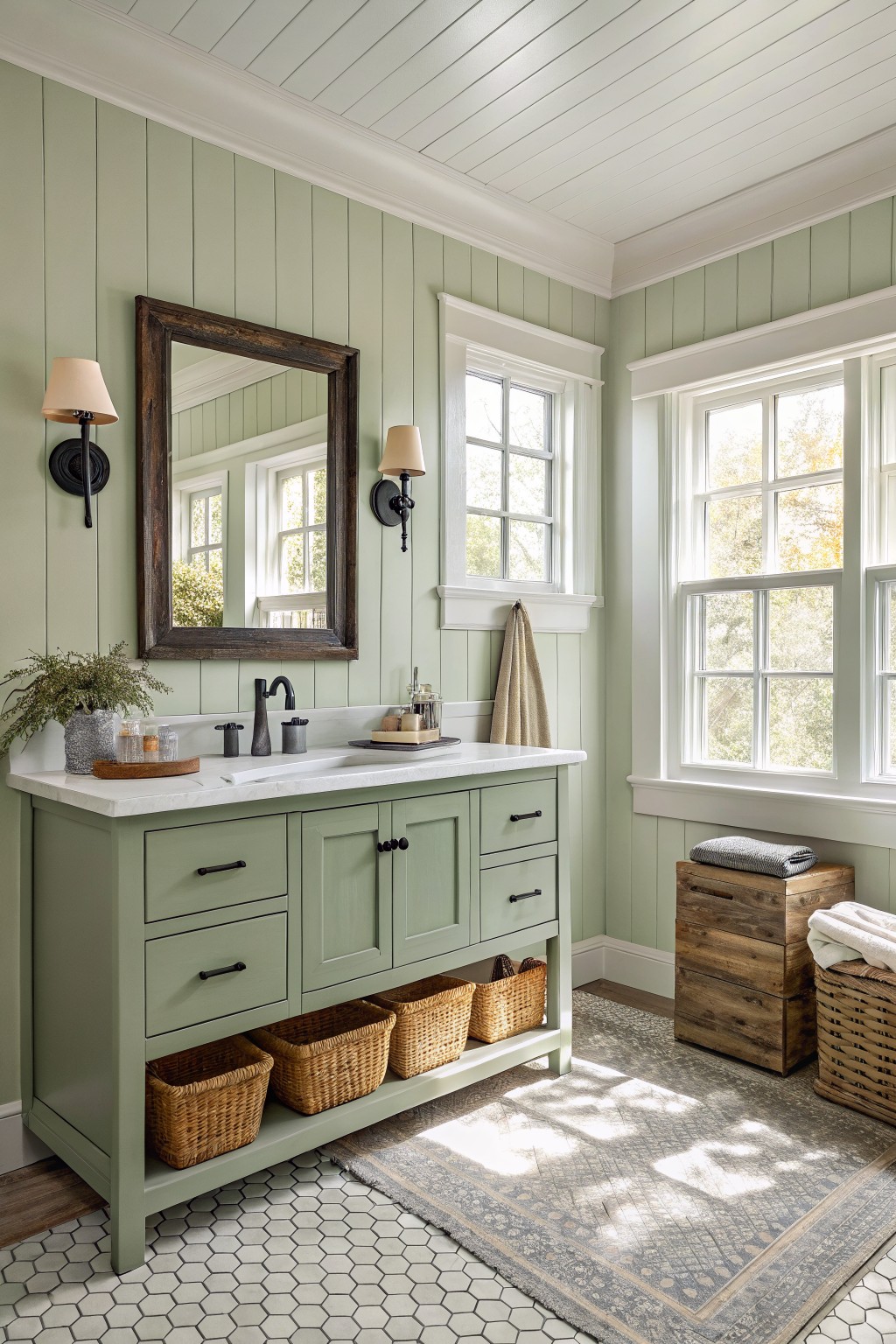 Sage green bathroom vanity with marble sink, woven baskets, and sunny windows.