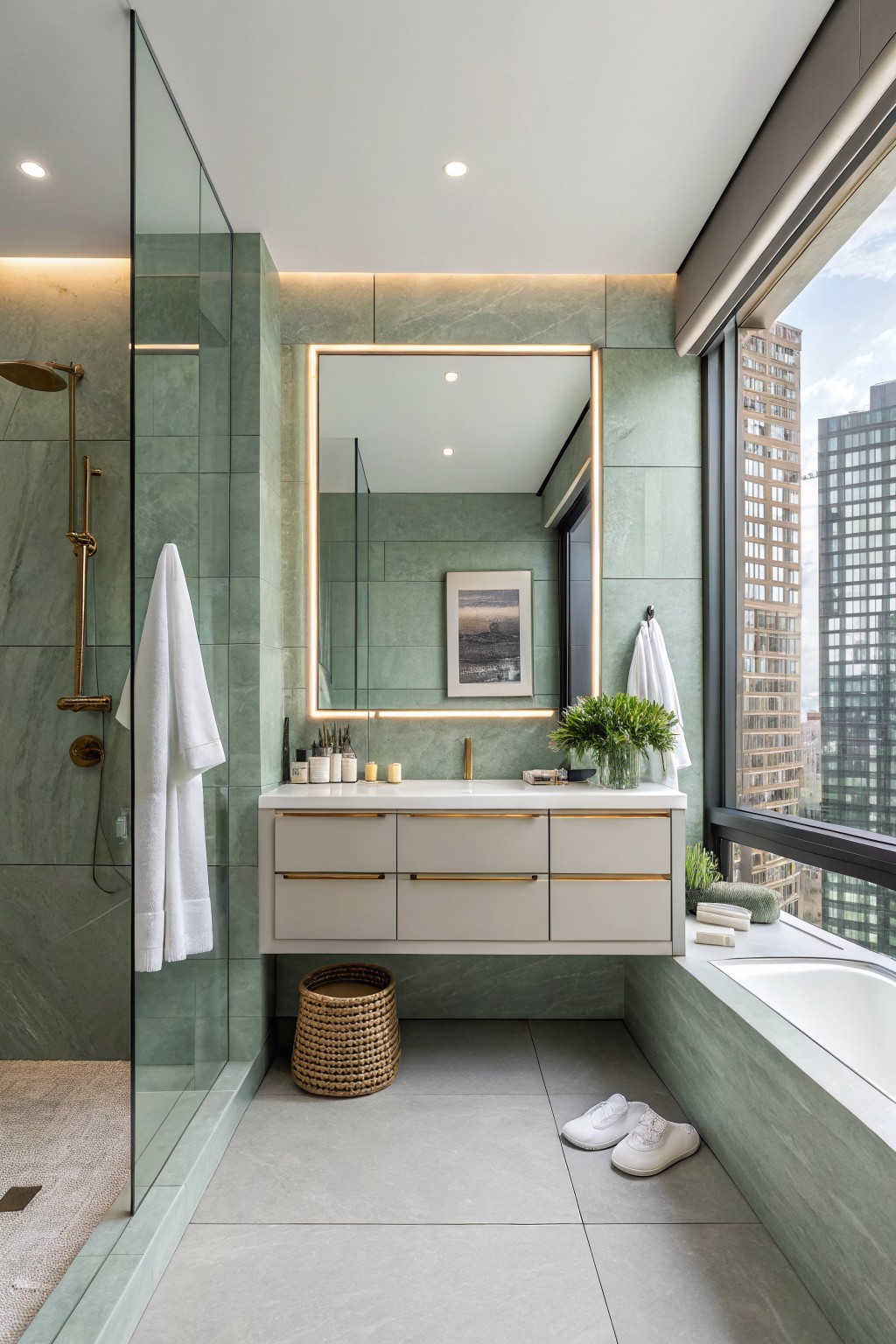 Bathroom walls painted in a soft sage green.