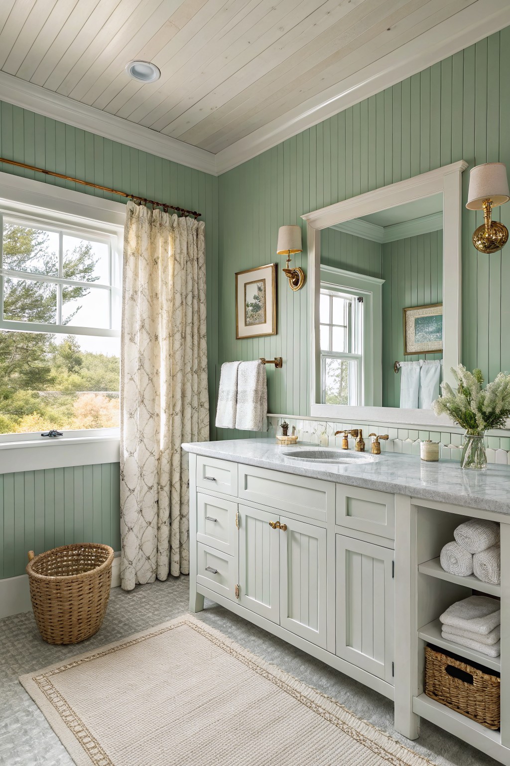 A bathroom with sage green paneled walls and a white vanity.