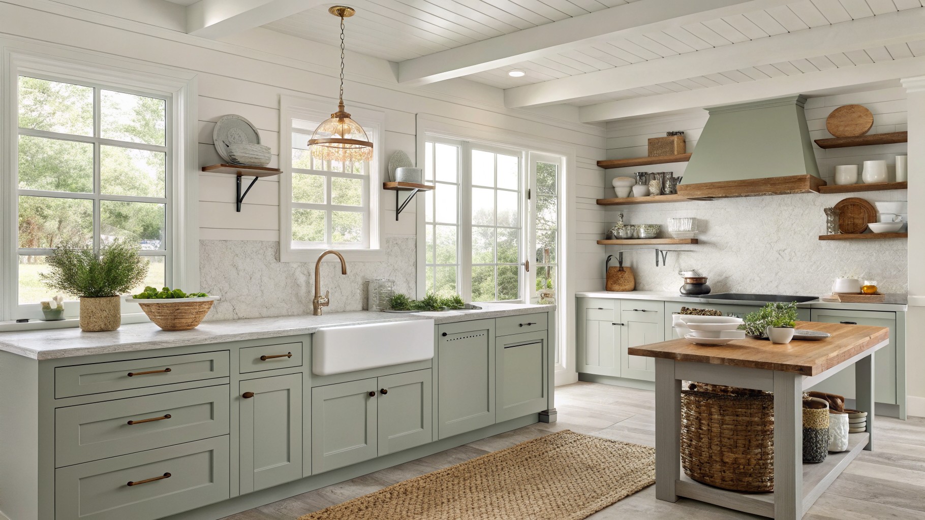 Sage green cabinets in a white kitchen with open wood shelves and a farmhouse sink.