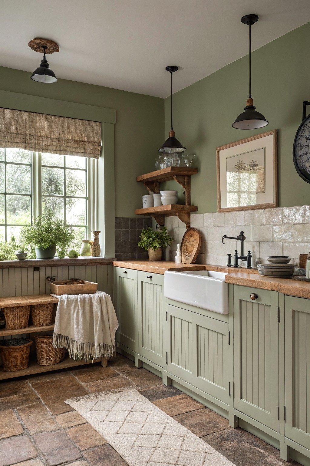 Sage green kitchen cabinets with wood countertops and open shelving.