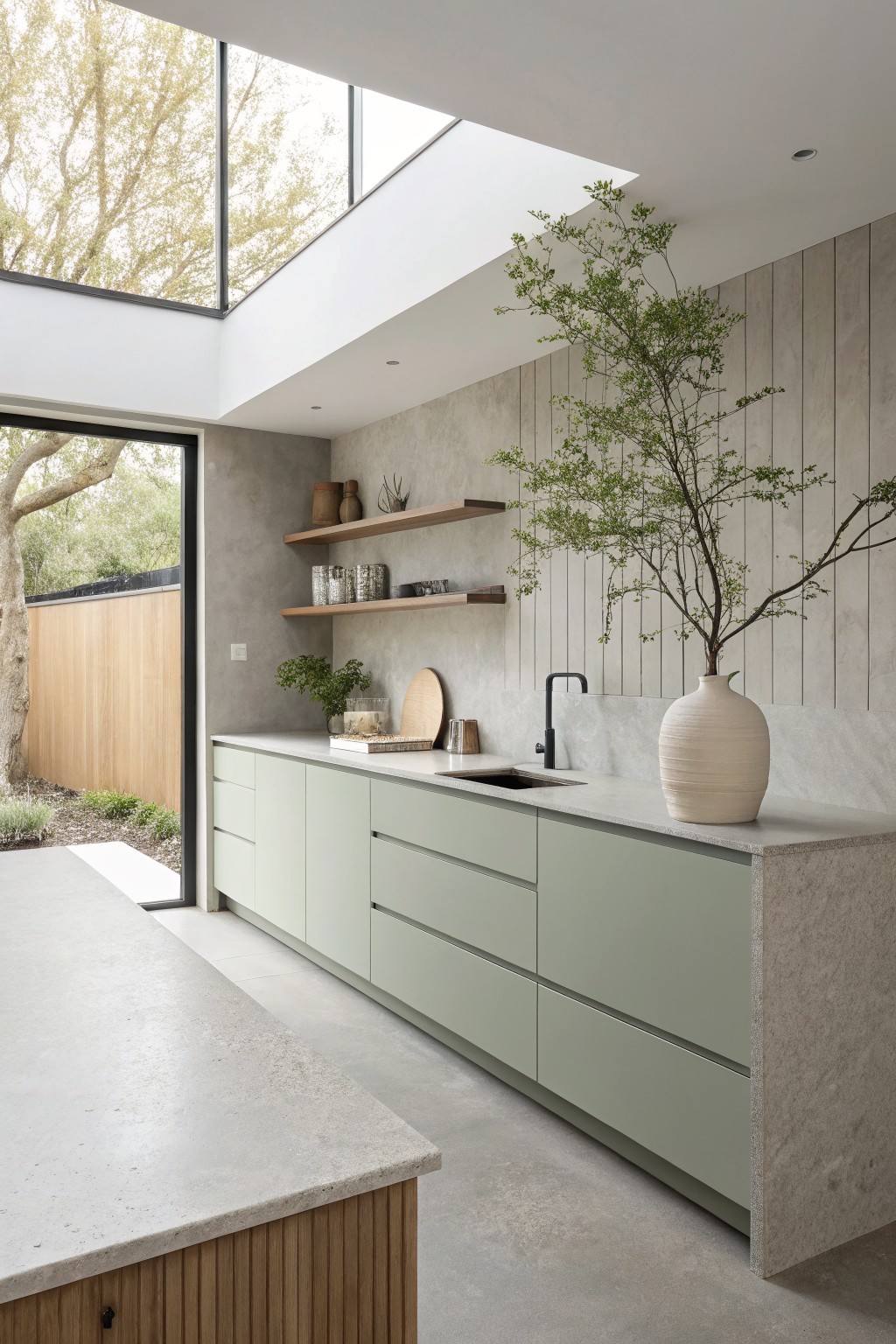 Sage green kitchen cabinets with concrete counters and wood accents.