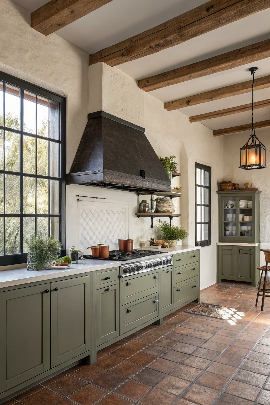 Sage green kitchen cabinets with a dark metal range hood and terracotta tile floor.
