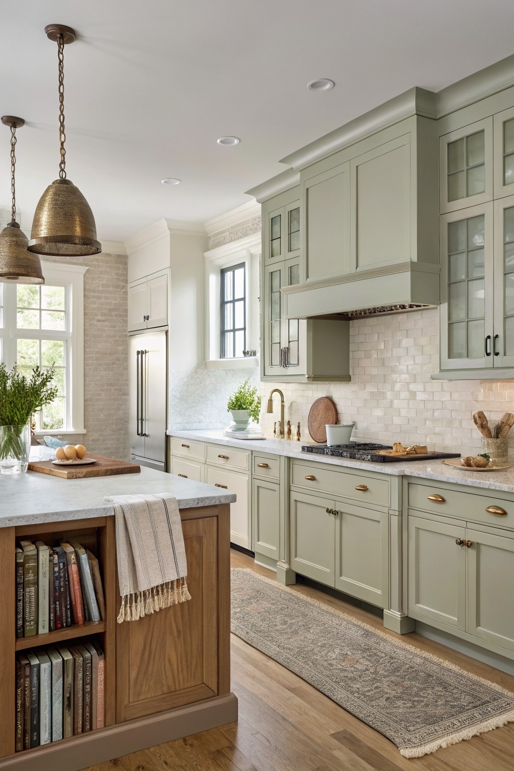 Sage green kitchen cabinets next to a wooden island with bookshelves.