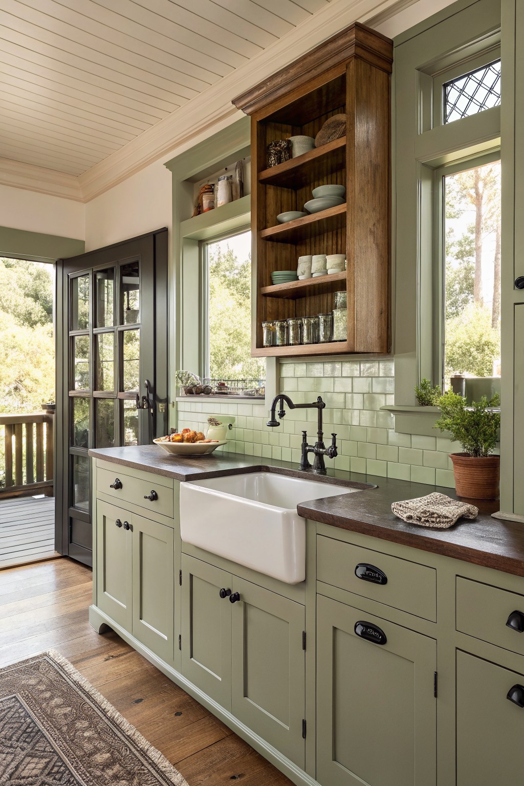 Sage green kitchen cabinets with a white farmhouse sink and wood countertops.