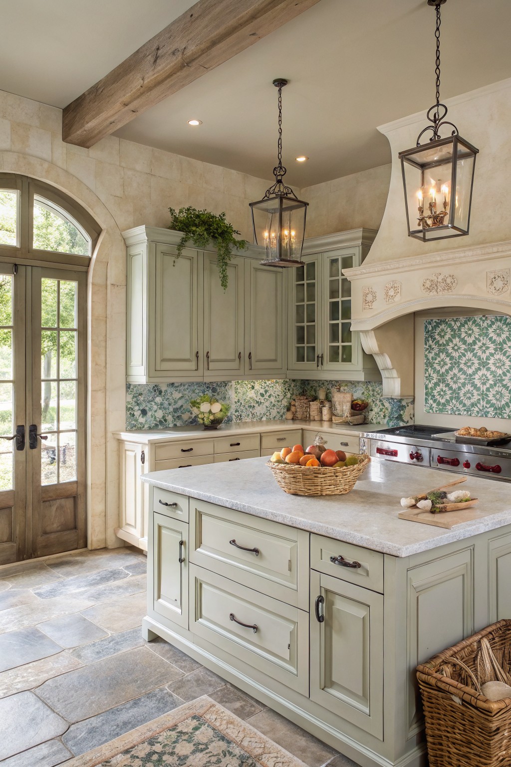 Sage green cabinets fill a kitchen with a stone island and wood beams overhead.
