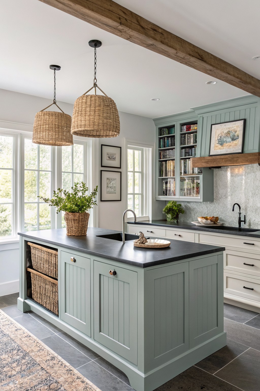 Sage green kitchen island cabinets with dark stone countertops and wood accents.