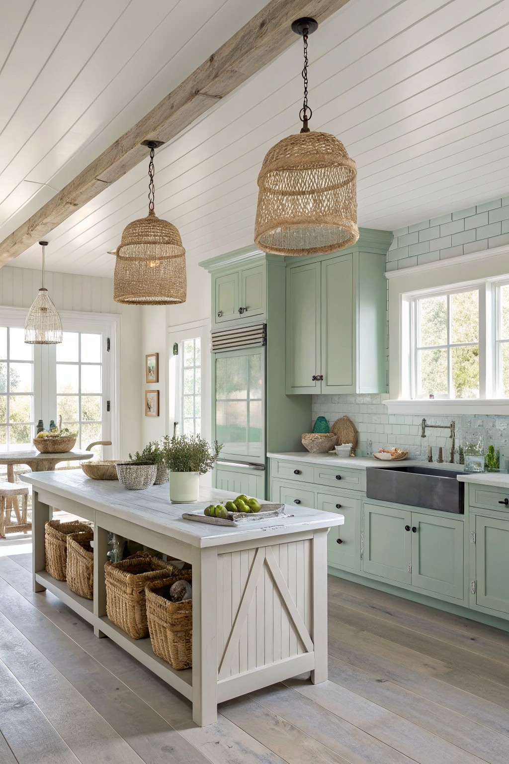 Farmhouse kitchen with white island, sage green cabinets, and woven pendant lights