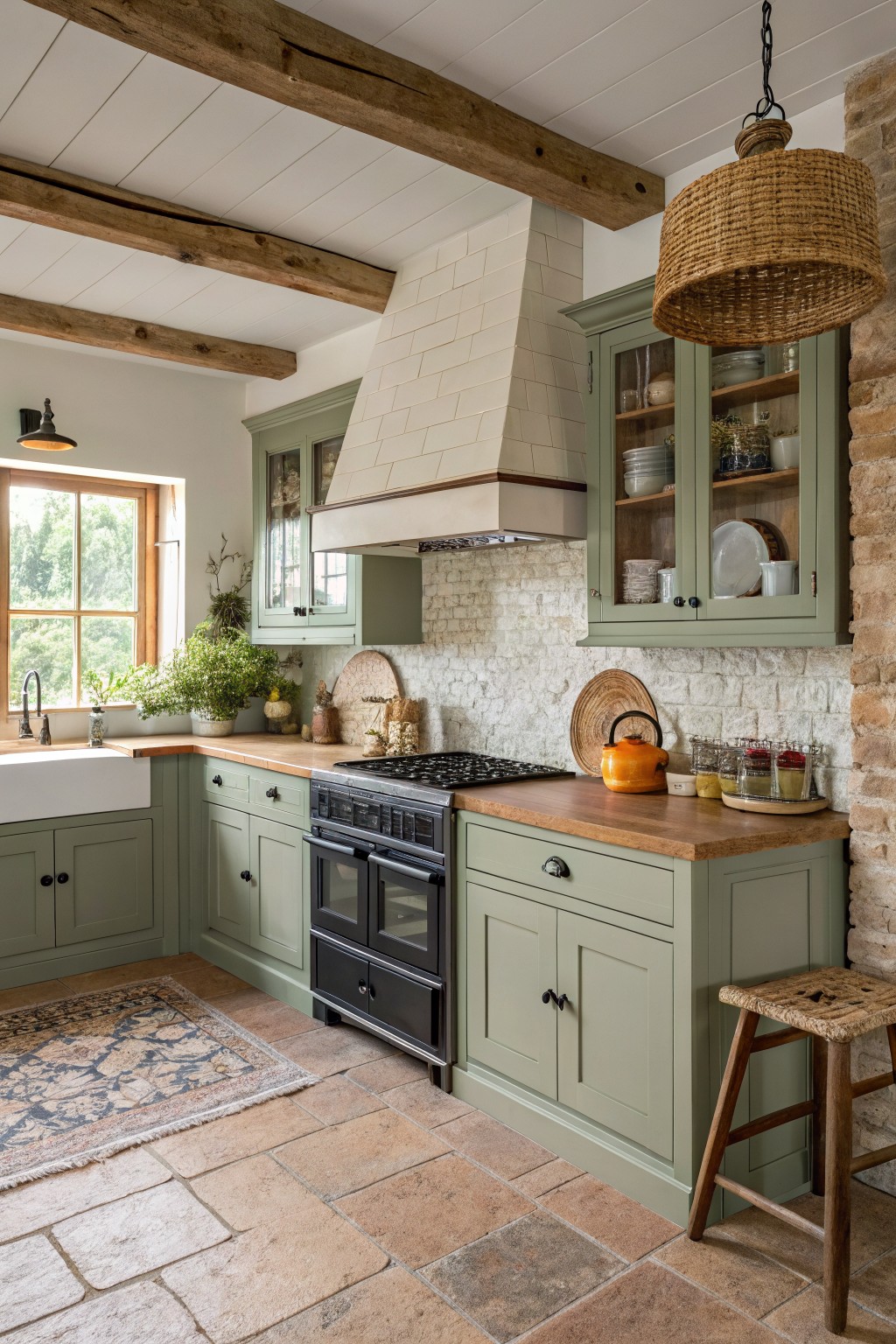 Sage green cabinets fill a kitchen with wood counters and a brick backsplash.
