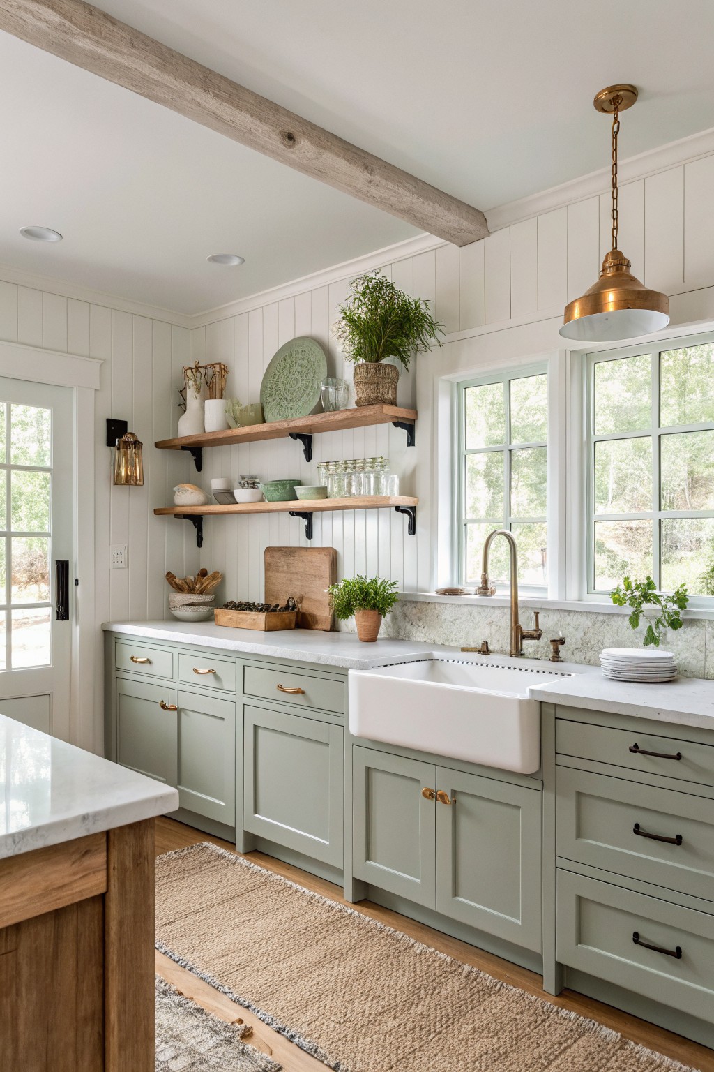 Sage green cabinets in a white kitchen with open wood shelves and a farmhouse sink.