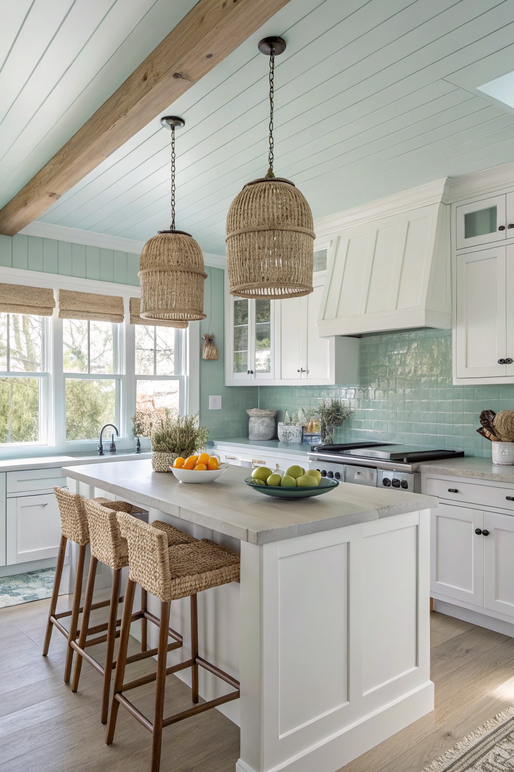 Bright coastal kitchen with white island, woven lights, and bar stools