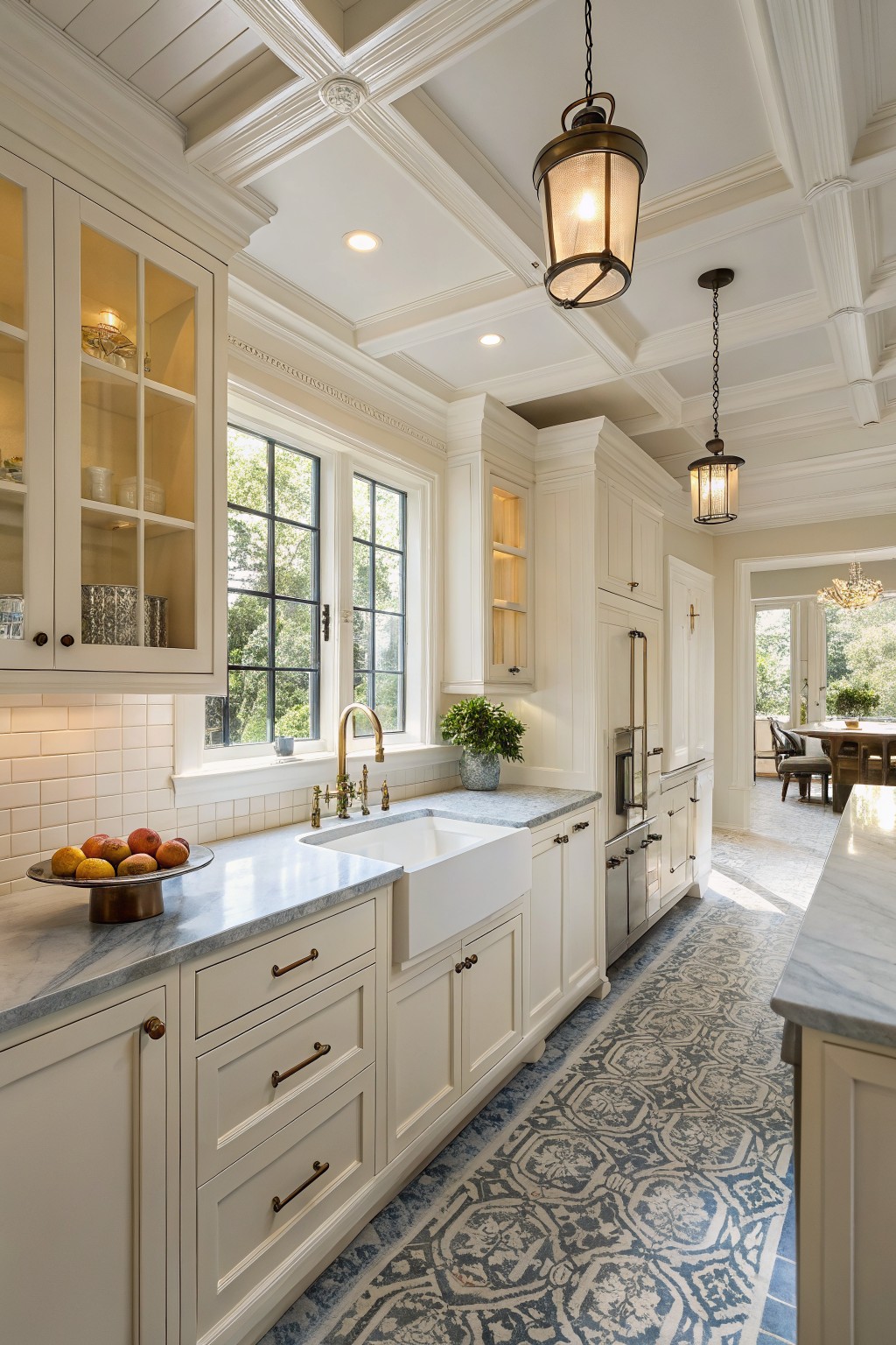 Elegant white kitchen with marble counters, farmhouse sink, and blue patterned rug