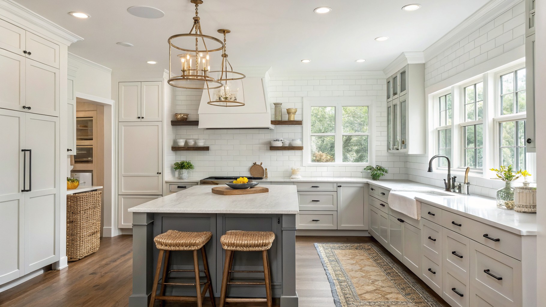 Gray painted kitchen island cabinets in a white kitchen with wood flooring.