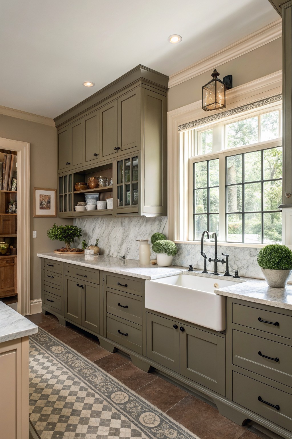 Sage green kitchen cabinets with white farmhouse sink and marble counters.