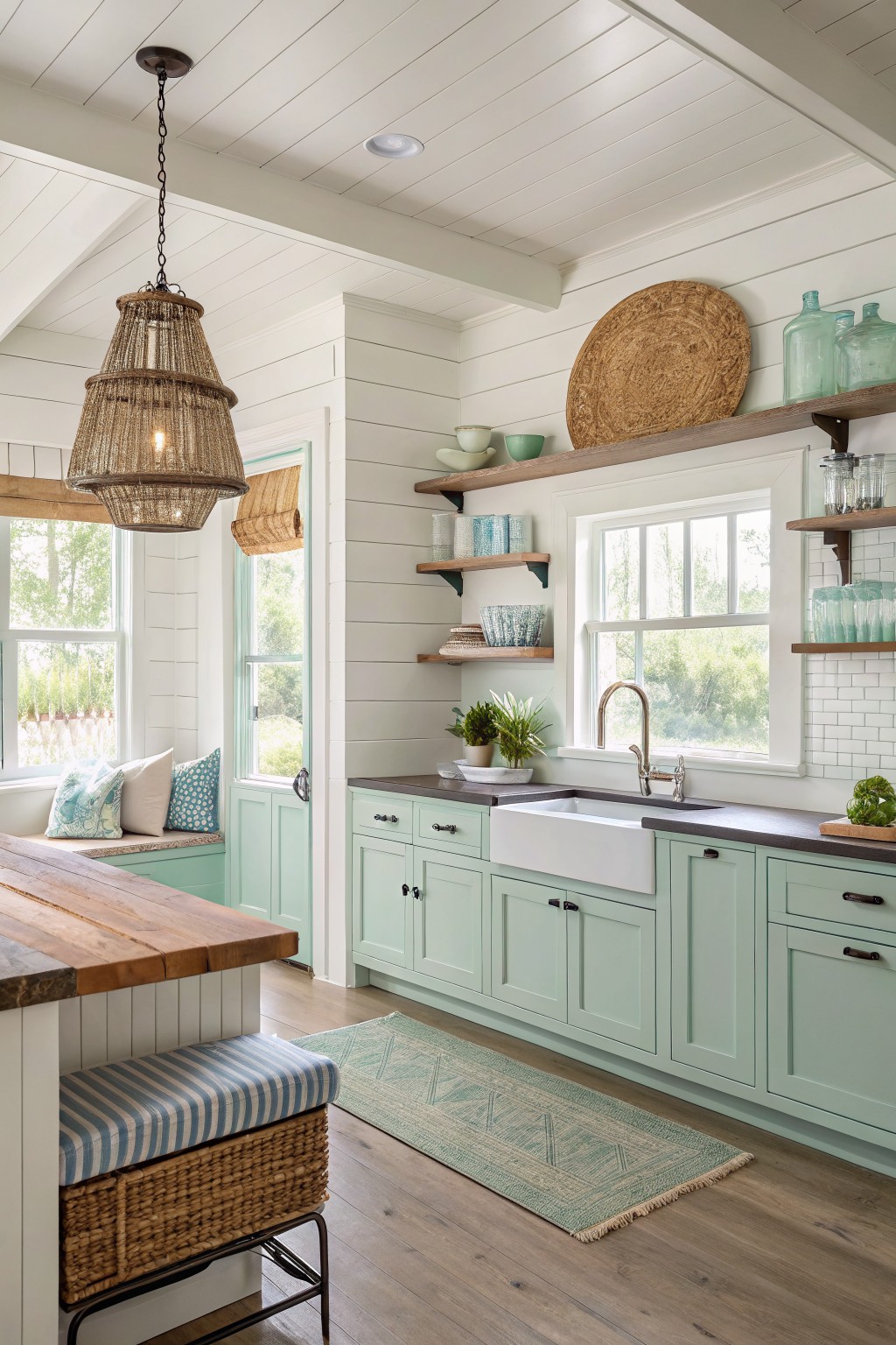 Kitchen with soft green cabinets and white walls.