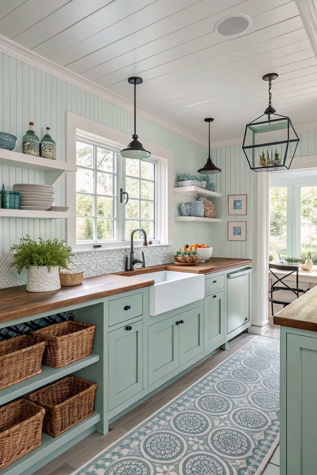Light green kitchen cabinets with wooden countertops and a white farmhouse sink.