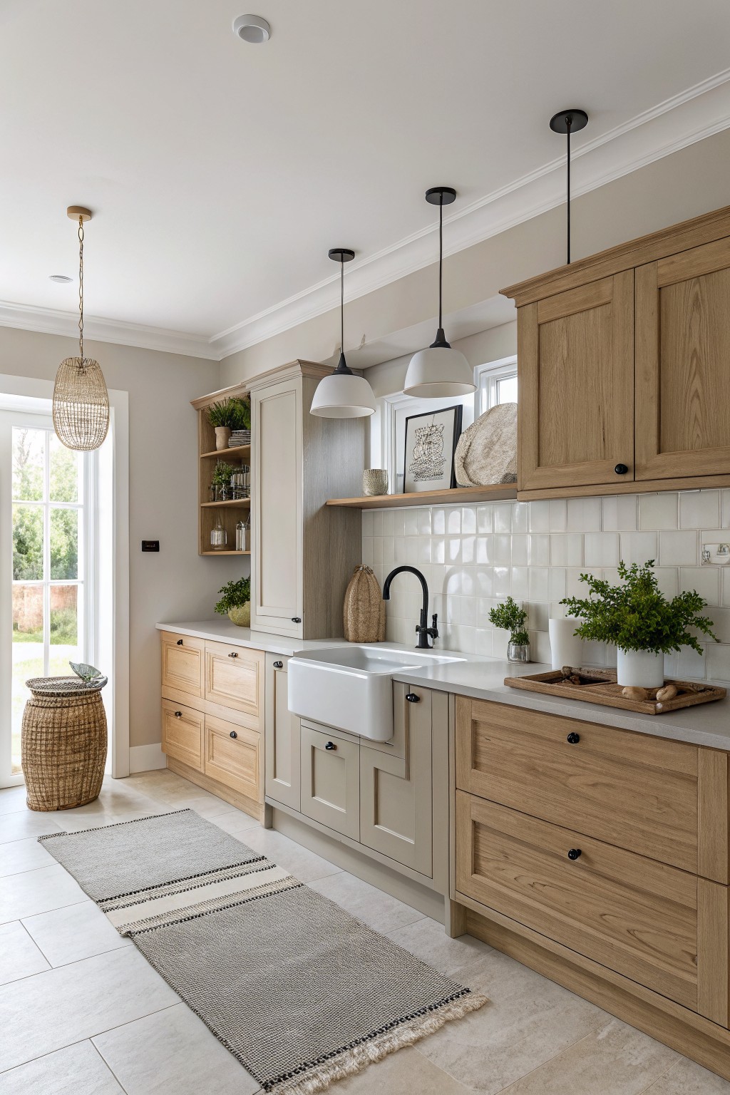 Modern kitchen with wood and white cabinets, farmhouse sink, pendant lights, woven rug