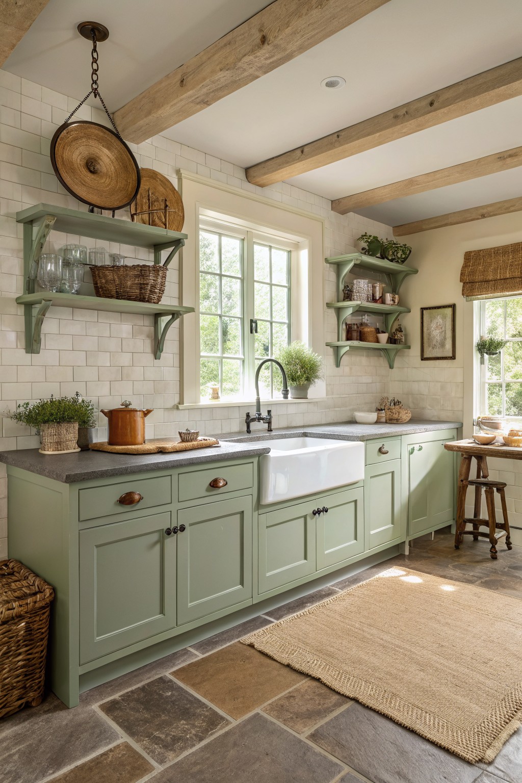 Sage green kitchen cabinets with a white farmhouse sink and open wood shelves.