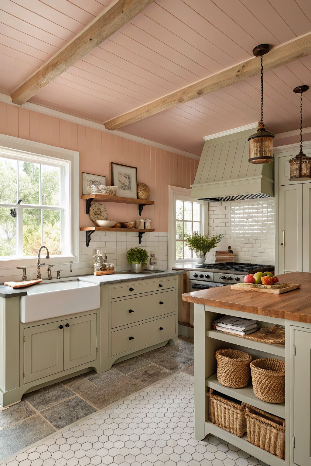 Kitchen walls painted a soft peach pink with green cabinetry and wood ceiling beams.