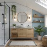 A small bathroom with soft blue gray walls beside a white tiled shower.