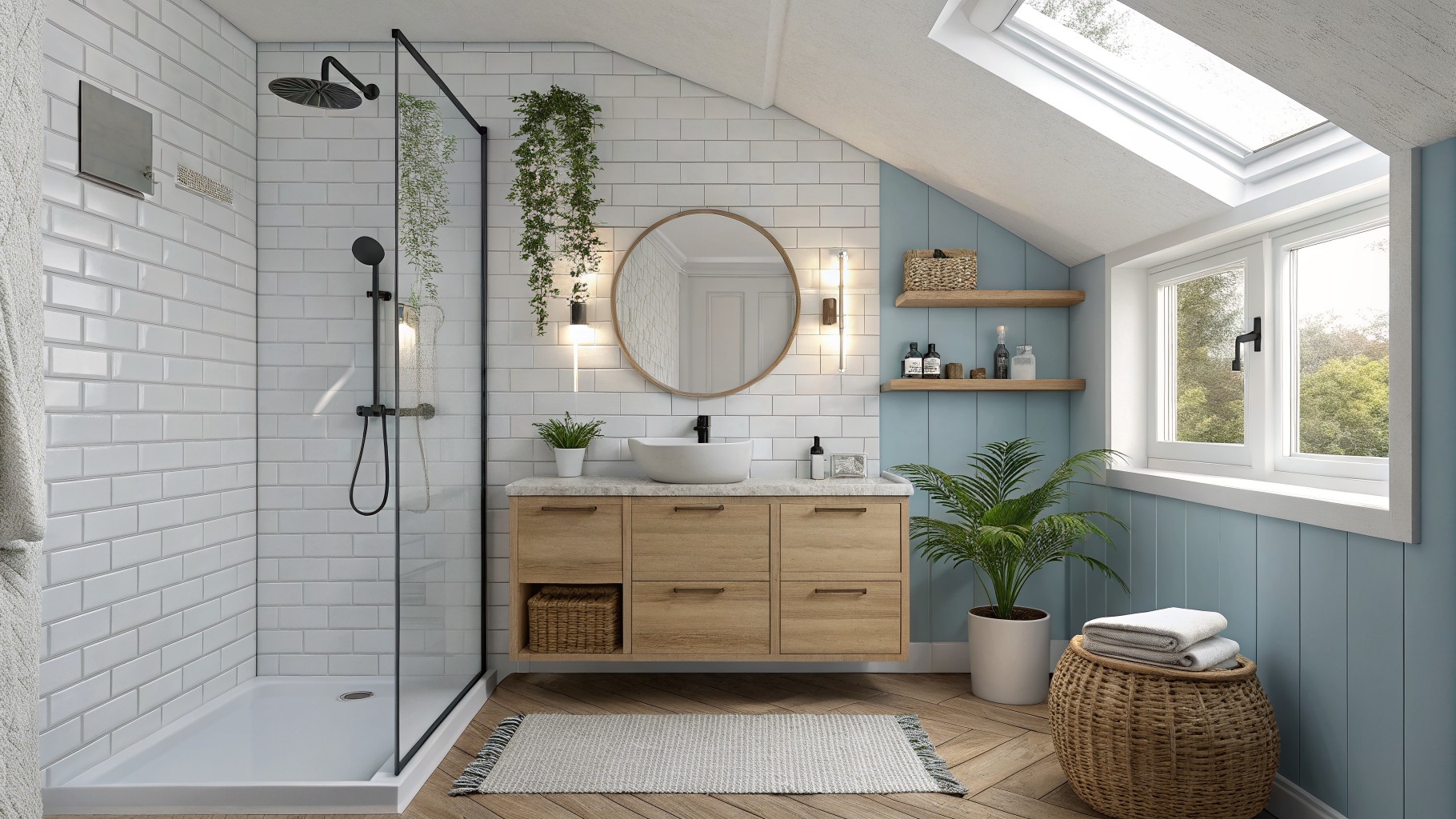 A small bathroom with soft blue gray walls beside a white tiled shower.
