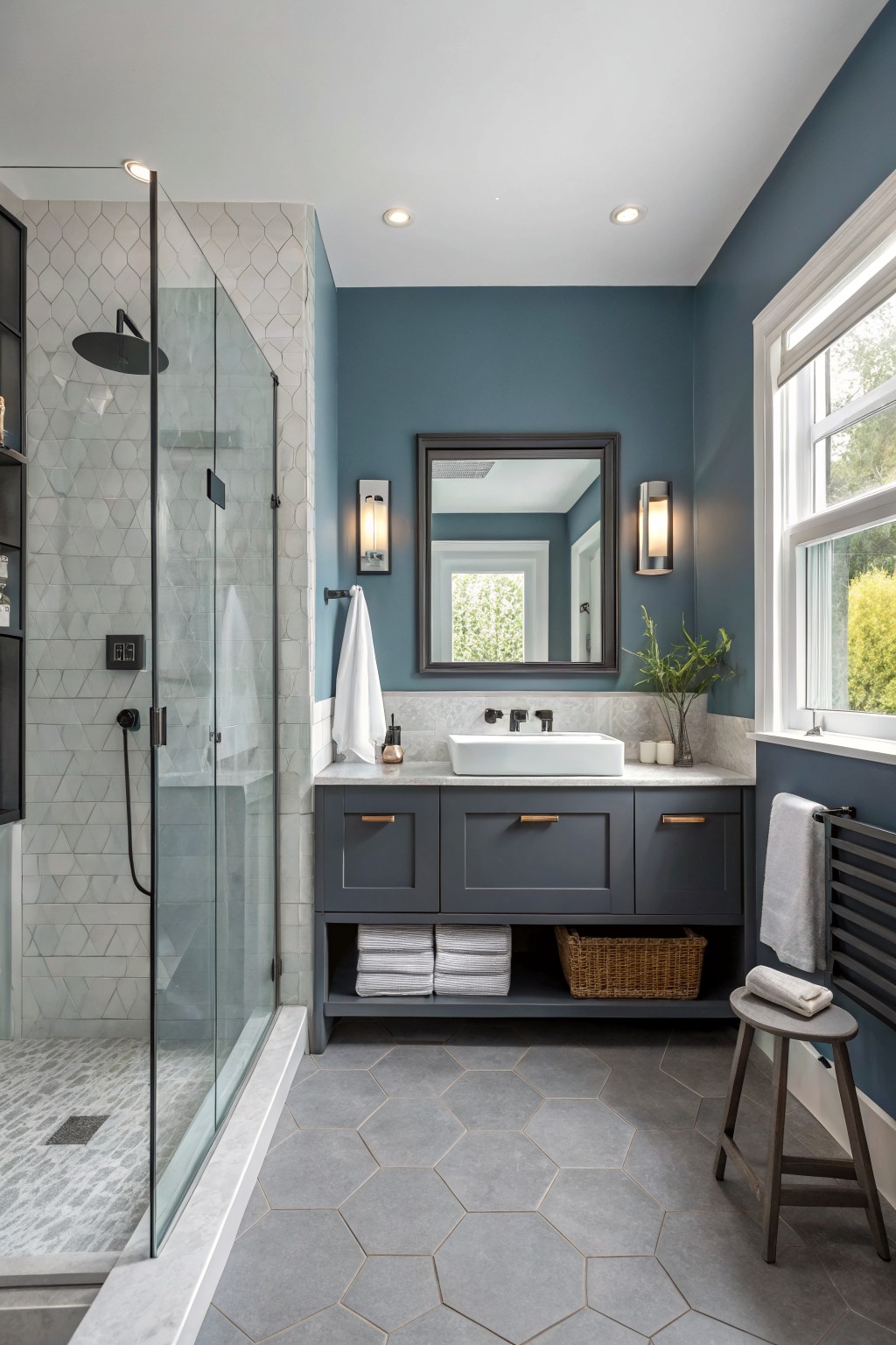 A small bathroom with muted blue gray walls and dark cabinetry.