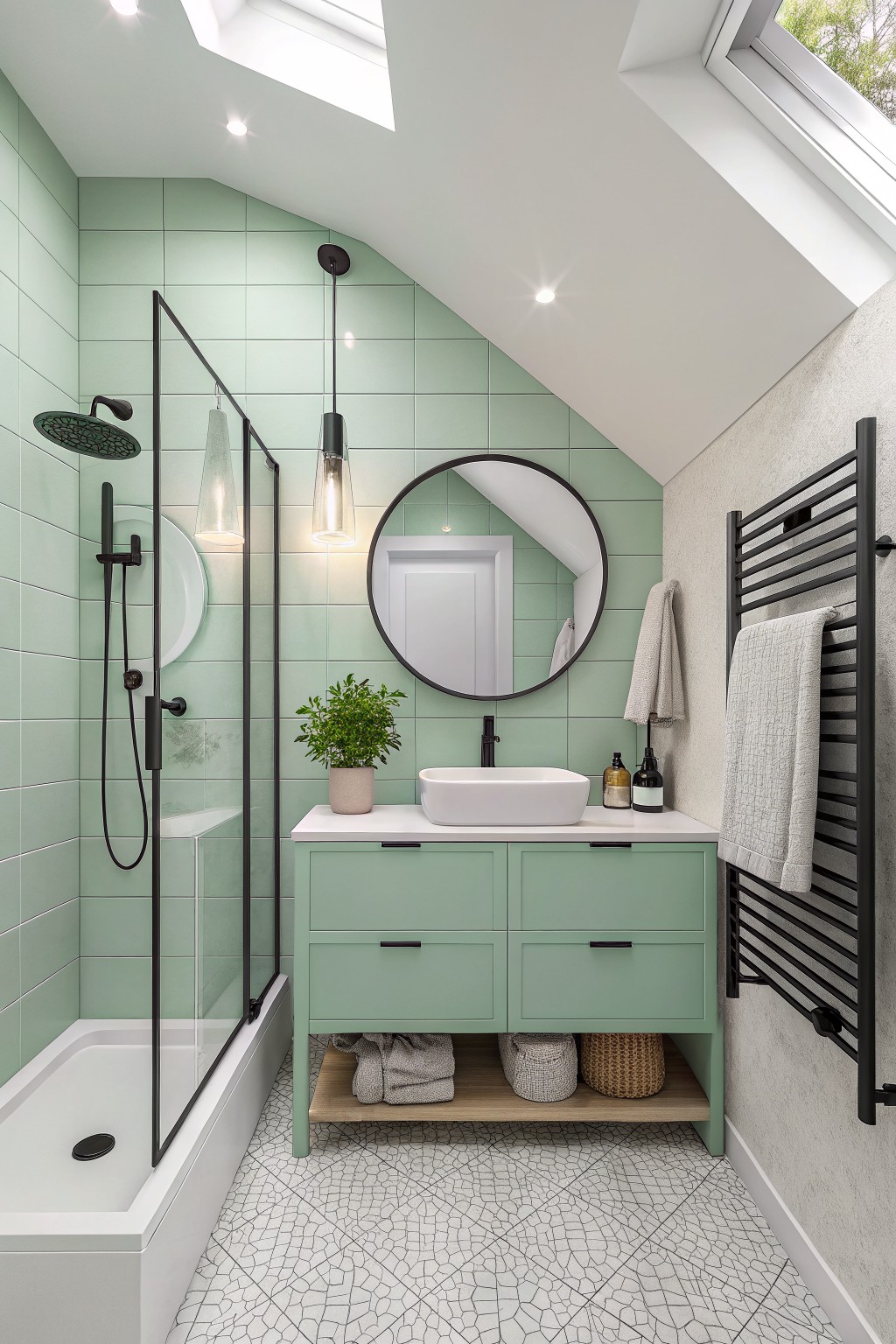 Modern mint-green tiled bathroom with round mirror, glass shower, and black towel rack.