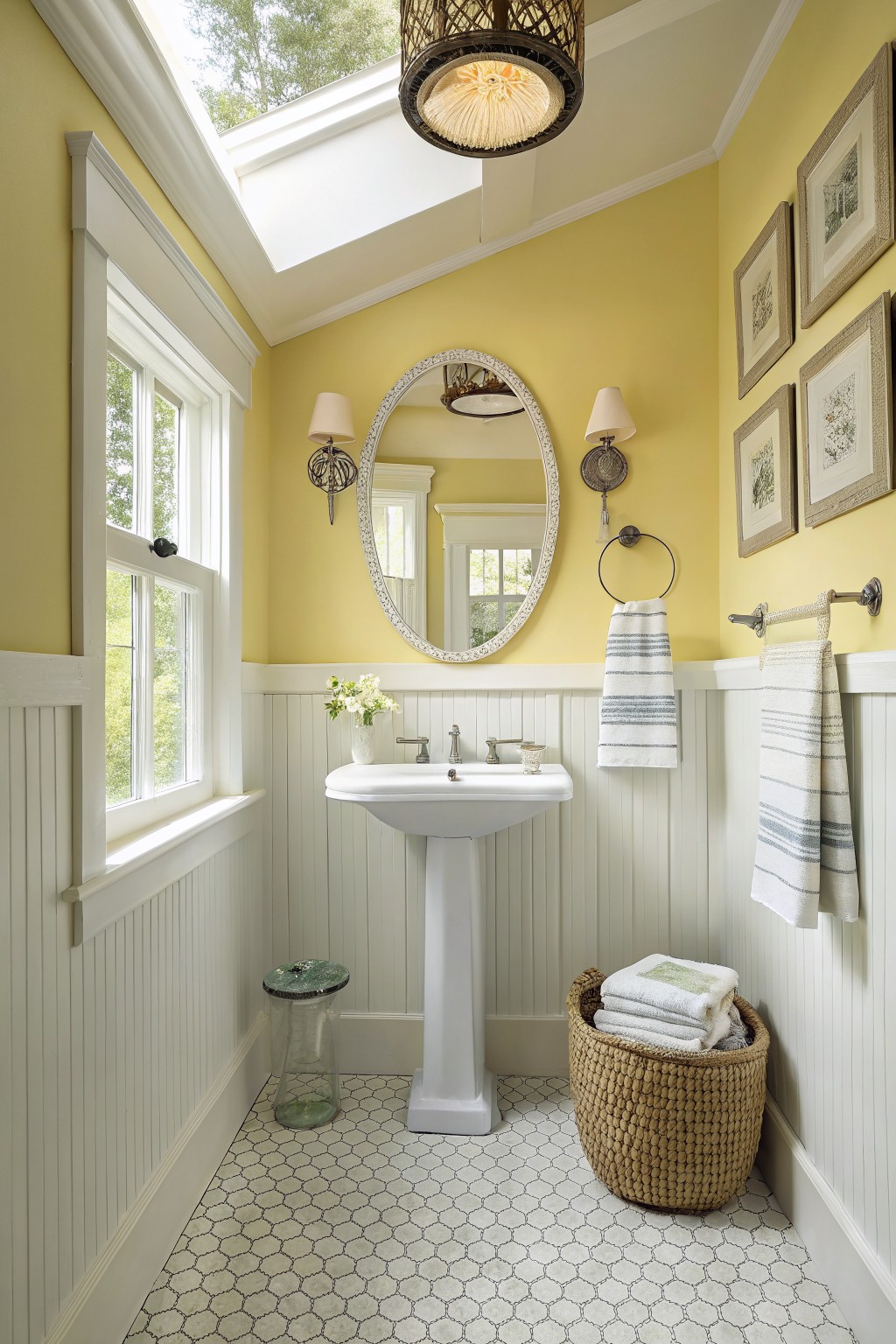 Pale yellow walls in a small bathroom with white wainscoting and a pedestal sink.