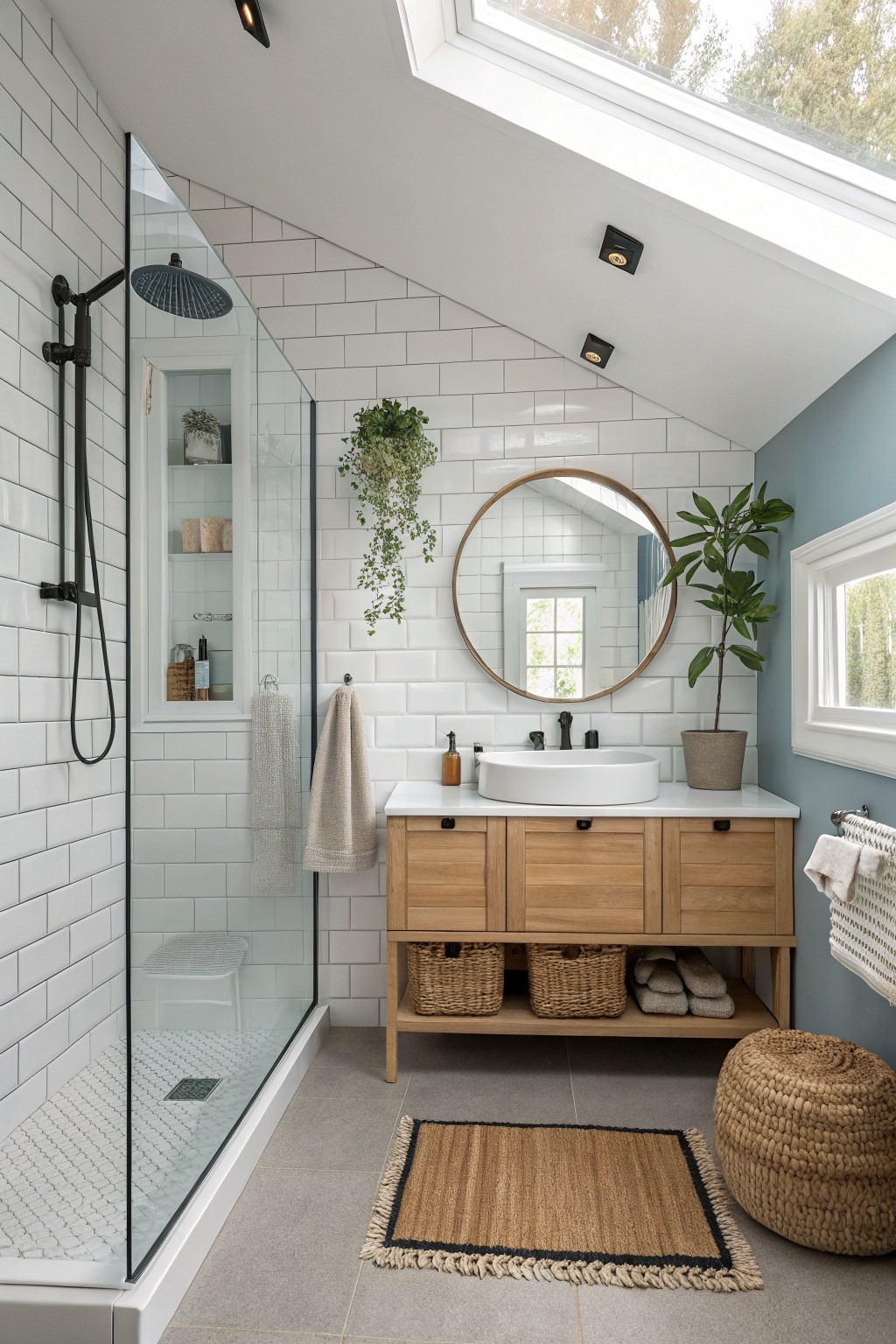 A small bathroom with soft blue gray walls beside a white tiled shower.